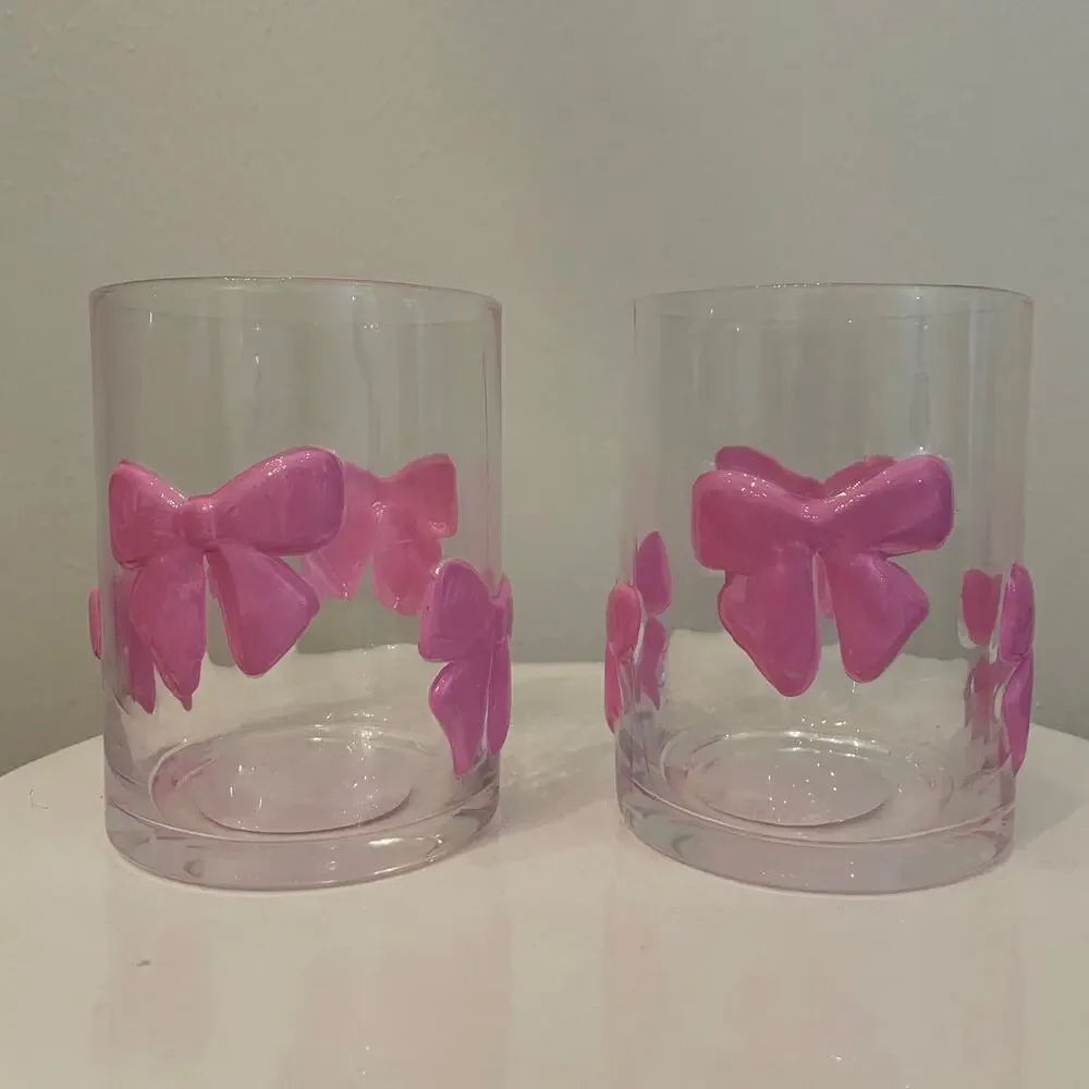 VIRAL Pink Bow Embossed Glass Clear Tumbler Cups Set of 2 NEW